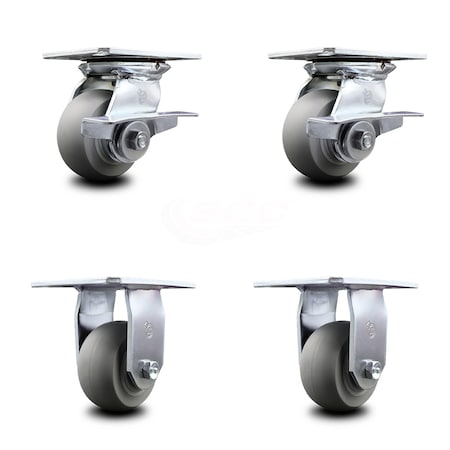 Service Caster 4 Inch Thermoplastic Caster Set with Ball Bearing 2 Brakes and 2 Rigid SCC SCC-35S420-TPRBD-SLB-2-R-2